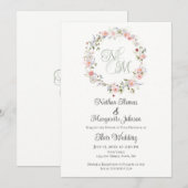Monogram Watercolor Floral Wreath Wedding 招待状 (正面/裏面)