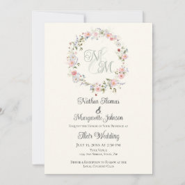 Monogram Watercolor Floral Wreath Wedding 招待状