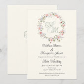 Monogram Watercolor Floral Wreath Wedding 招待状 (正面/裏面)