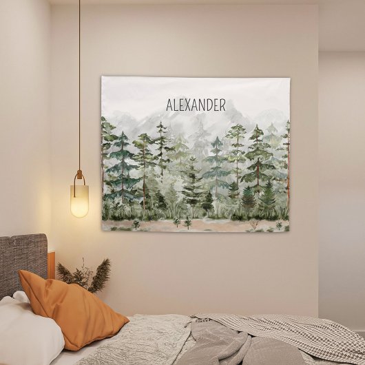 Monogram Watercolor Green Pine Forest on Mountain タペストリー