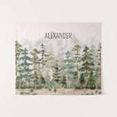 Monogram Watercolor Green Pine Forest on Mountain タペストリー (正面(横))