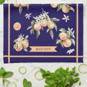 Monogram Watercolor Orange Floral Botanical キッチンタオル (折り畳み)