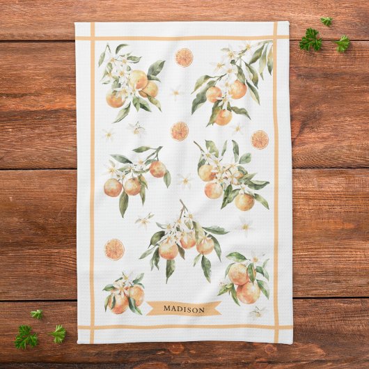 Monogram Watercolor Orange Floral Botanical キッチンタオル