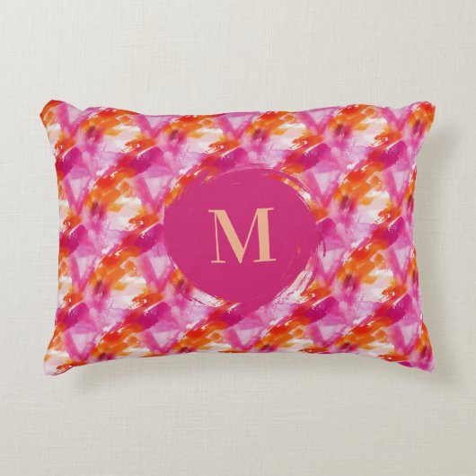 Monogram Watercolor Pink Orange Abstract アクセントクッション (正面)