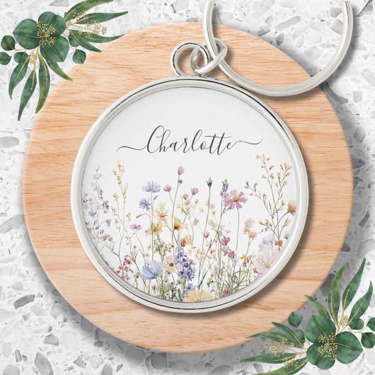 Monogram Watercolor Rustic Pretty Wildflower Field キーホルダー