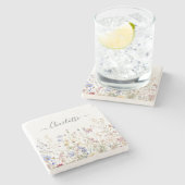 Monogram Watercolor Rustic Pretty Wildflower Field ストーンコースター (横)