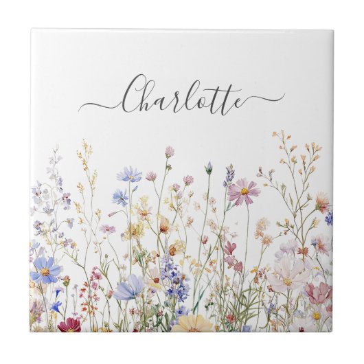 Monogram Watercolor Rustic Pretty Wildflower Field タイル (正面)