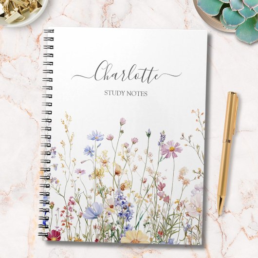 Monogram Watercolor Rustic Pretty Wildflower Field ノートブック