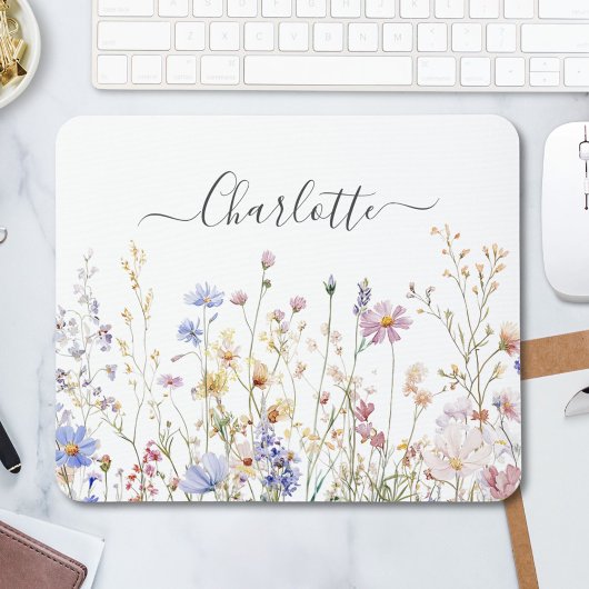 Monogram Watercolor Rustic Pretty Wildflower Field マウスパッド