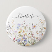 Monogram Watercolor Rustic Pretty Wildflower Field 缶バッジ (正面)