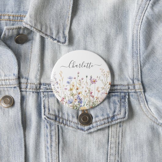 Monogram Watercolor Rustic Pretty Wildflower Field 缶バッジ (インサイチュ)