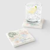 Monogram Watercolor Tropical Flower Bouquet Floral ストーンコースター (横)