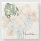 Monogram Watercolor Tropical Flower Bouquet Floral ストーンコースター (正面)