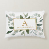 Monogram Watercolor Tropical Green Leaves アクセントクッション (正面)