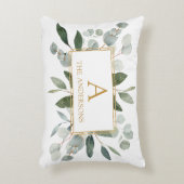 Monogram Watercolor Tropical Green Leaves アクセントクッション (正面(垂直))