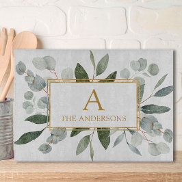 Monogram Watercolor Tropical Green Leaves カッティングボード