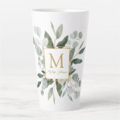 Monogram Watercolor Tropical Green Leaves カフェラテマグ (正面)