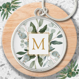 Monogram Watercolor Tropical Green Leaves キーホルダー