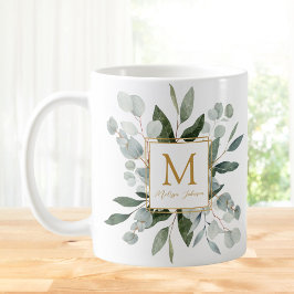 Monogram Watercolor Tropical Green Leaves コーヒーマグカップ