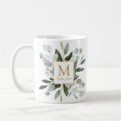 Monogram Watercolor Tropical Green Leaves コーヒーマグカップ (左)