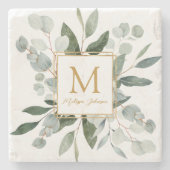 Monogram Watercolor Tropical Green Leaves ストーンコースター (正面)
