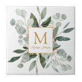 Monogram Watercolor Tropical Green Leaves タイル (正面)