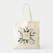 Monogram Watercolor Tropical Green Leaves トートバッグ (正面)