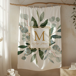 Monogram Watercolor Tropical Green Leaves フリースブランケット