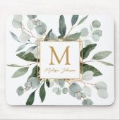 Monogram Watercolor Tropical Green Leaves マウスパッド (正面)