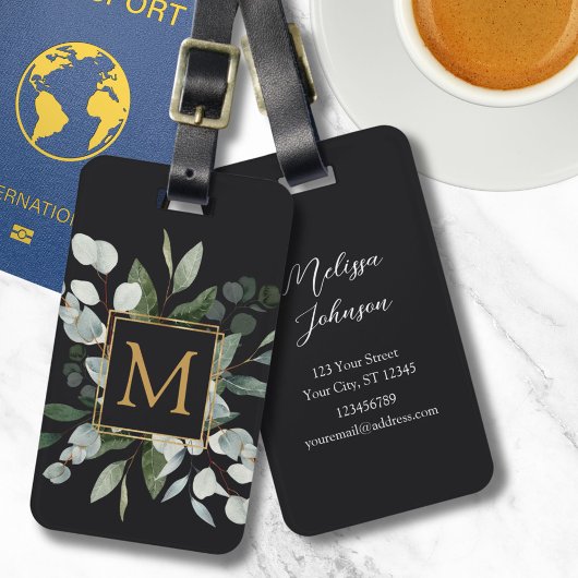 Monogram Watercolor Tropical Green Leaves ラゲッジタグ