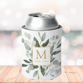 Monogram Watercolor Tropical Green Leaves 缶クーラー