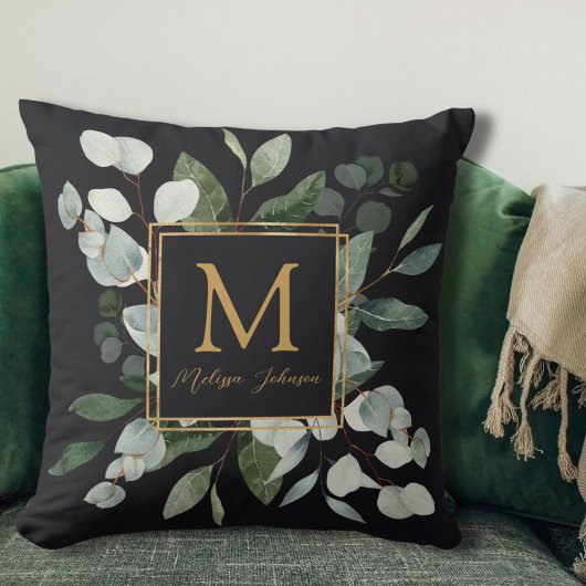 Monogram Watercolor Tropical Green Leaves Black クッション