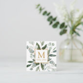 Monogram Watercolor Tropical Green Leaves White スクエア名刺 (スタンド正面)