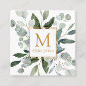Monogram Watercolor Tropical Green Leaves White スクエア名刺 (正面)