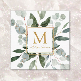 Monogram Watercolor Tropical Green Leaves White スクエア名刺