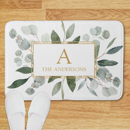 Monogram Watercolor Tropical Green White Leaves バスマット