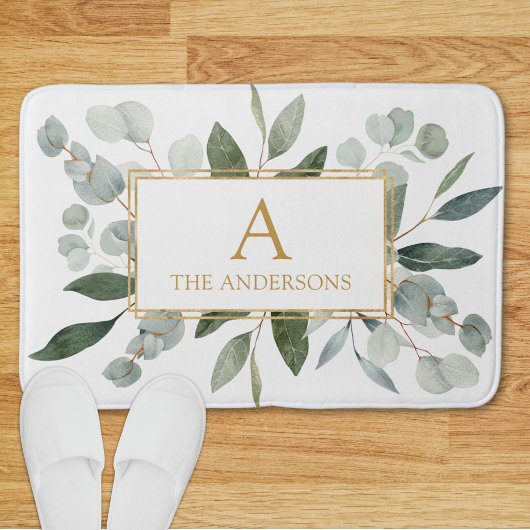 Monogram Watercolor Tropical Green White Leaves バスマット