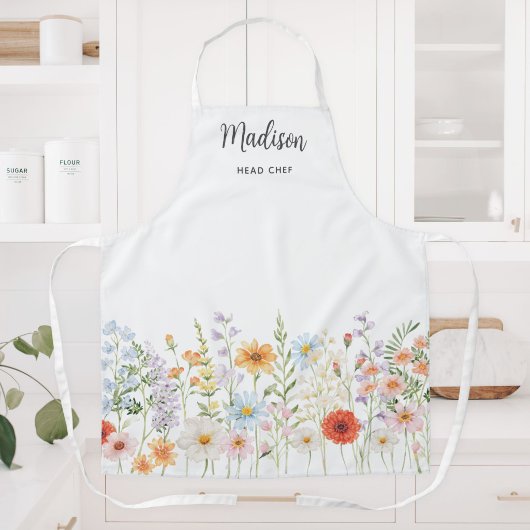 Monogram Watercolor Wild Flowers Floral Cooking エプロン