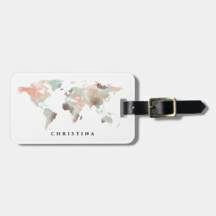Monogram Watercolor World mapトラベル ラゲッジタグ