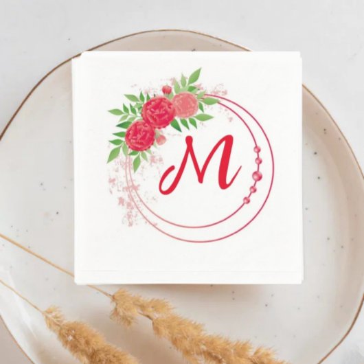 Monogram Wedding bridal reception red スタンダードカクテルナプキン