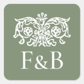 Monogram Wedding Vintage Flower Green スクエアシール (正面)