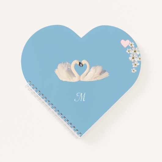 Monogram White Flowers and Swans on Light Blue ノートブック (正面)