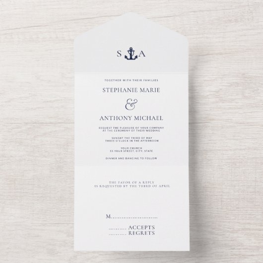 Monogram White, Navy Blue Nautical Anchor Wedding オールインワン招待状 (内側)