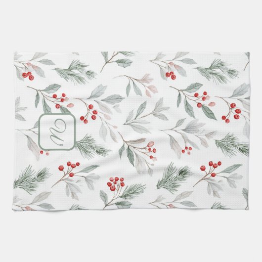 Monogram Winter Foliage Holiday  キッチンタオル (横)