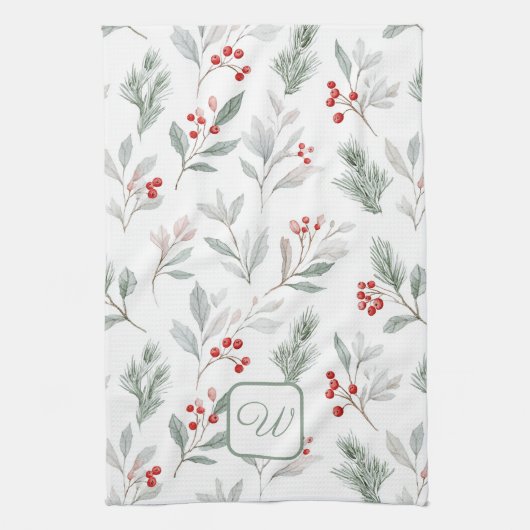 Monogram Winter Foliage Holiday  キッチンタオル (縦)
