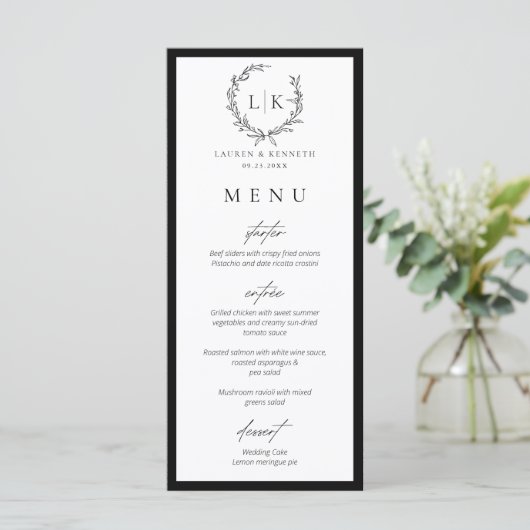 Monogram Wreath Black | White Wedding Menu Card メニュー (スタンド正面)