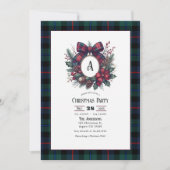 Monogram Wreath Vintage Plaid Christmas Party 招待状 (正面)