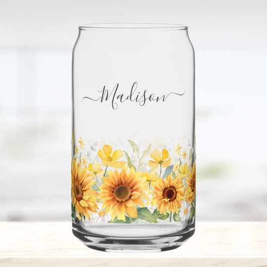 Monogram Yellow Flower Sunflower Floral Botanical ガラス缶