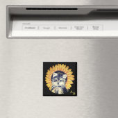 Monogram, Yorkshire Dog & Sunflower on Black マグネット (インサイチュ (食洗機))