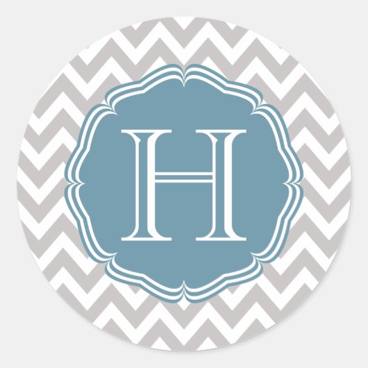 Monograma azul en elegante chevrón gris ラウンドシール (正面)